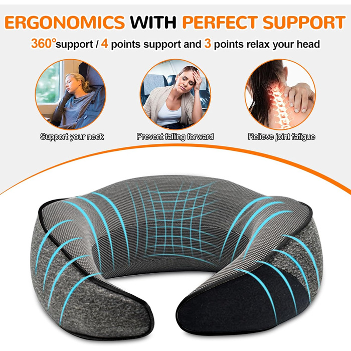 Подушка для шиї у літак, подушка для подорожей Memory Foam 360° підтримка, подушка-вичка з навушниками, маска для сну та сумка. Регульована, компактна подушка для подорожей літаком, автомобілем, поїздом. Чорний колір