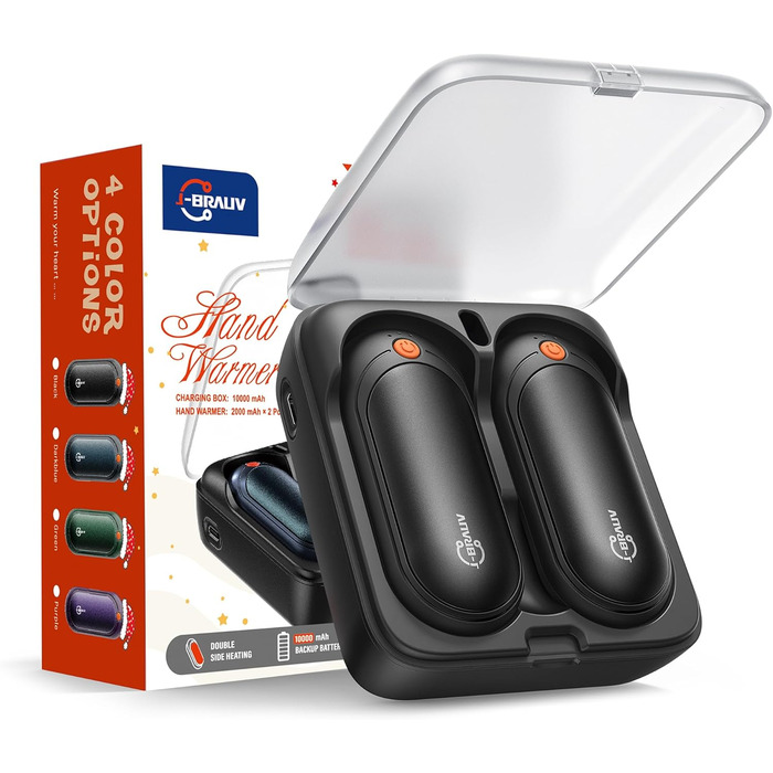 Електричні грілки для рук 2 шт. з акумулятором 2000mAh, повербанк 10000mAh, 5 температурних режимів, USB, до 24 годин, для дітей, чоловіків, жінок (чорний, компактний)