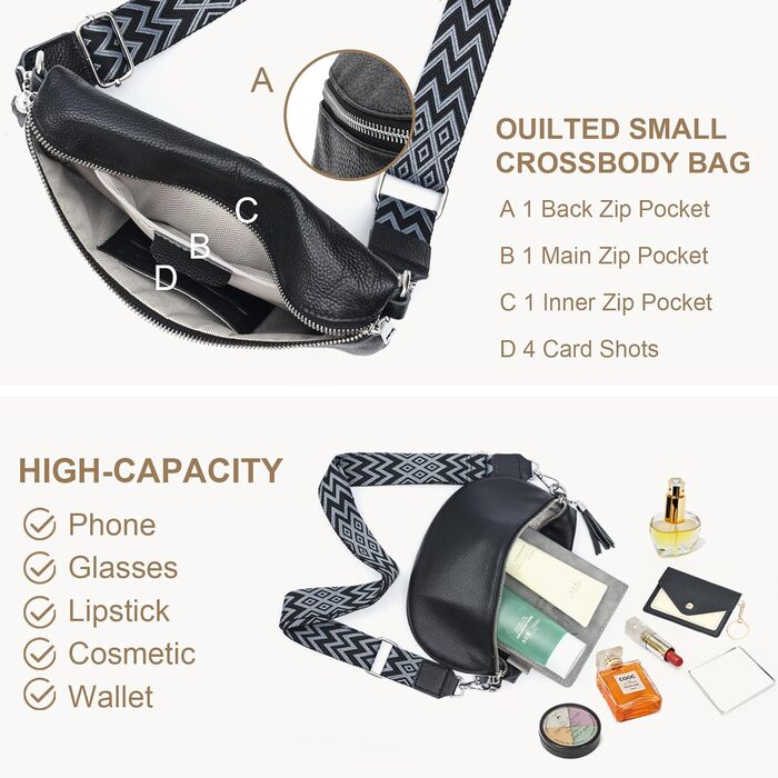 Жіноча сумка через плече з широким ременем, поясна сумка з натуральної шкіри, стильна з багатьма відділеннями для карток, кросбоді, гаманець (чорний)