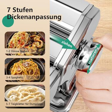 Manual Pasta Machine, Stainless Steel Pastamaker with Two Widths, Stainless Steel Roller and Cutter with 7 Adjustable Settings for Noodles, Spaghetti, Fettuccine, Lasagna