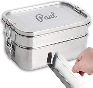 LOOXIS Personalized Stainless Steel Lunchbox with Name & Text Engraved – 1960 ml, including divider, leak-proof, 2 tiers, Bento Box – Gift idea for children, school start, work – L, Double-decker