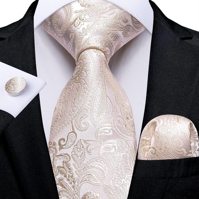 Шовкова краватка DiBanGu Paisley Floral, комплект з нагрудною хустинкою, запонками та затискачем для краватки, ніжно-рожевий - для весілля та бізнесу