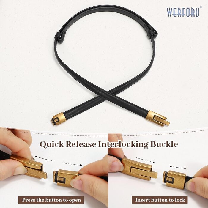 Жіночий шкіряний ремінь WERFORU - тонкий, регульований, з декоративною золотистою пряжкою. Довжина 105 см, підходить для розміру талії до 93 см (чорний+срібло)