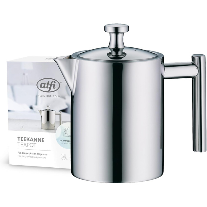 alfi TEA POT 1.40L, Stainless steel insulated carafe with tea strainer and tea catcher, single-walled stainless steel, durable thermos, ideal as a teapot for loose tea, dishwasher-safe, BPA-free (0.6 L)