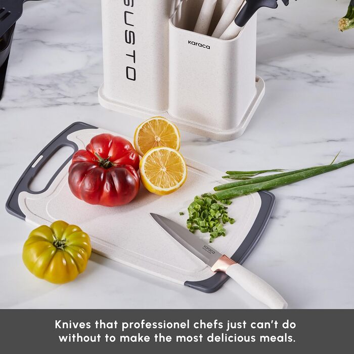 Набір ножів Karaca Gusto 12 предметів з дощечкою та кухонними аксесуарами, з нержавіючої сталі, ергономічні ручки, чорний (кремовий)