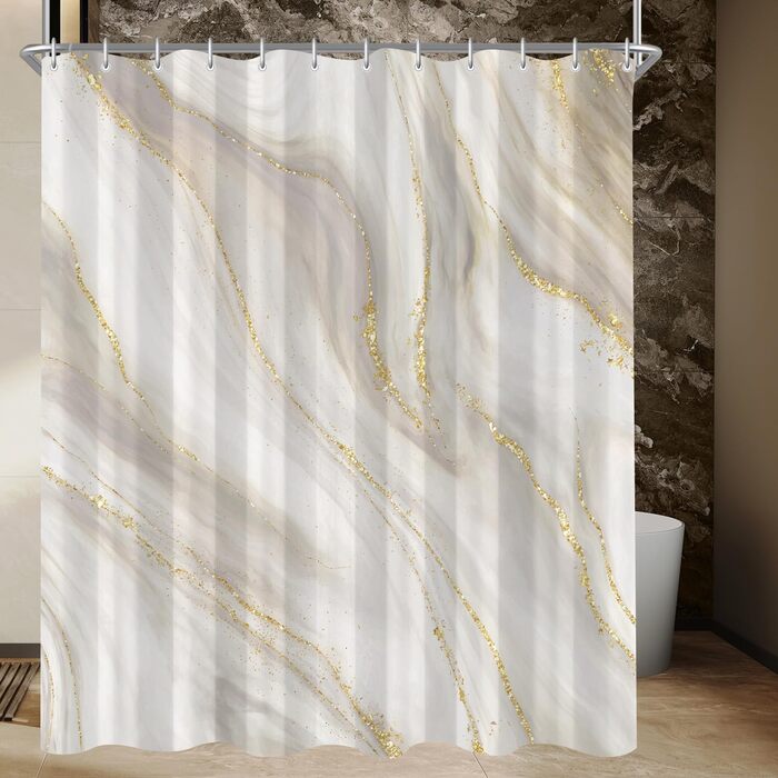 Штора для ванної кімнати 180x200 см з антигрибковим покриттям, водовідштовхувальна, поліестер, з кільцями (Phnom Penh Сірий мармур)