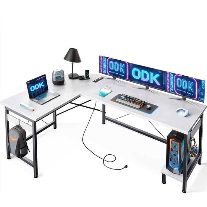 Ігровий стіл ODK з розетками та USB, L-подібний комп'ютерний стіл з підставкою для системного блоку, для дому та офісу, вінтажний коричневий, 168×120 см