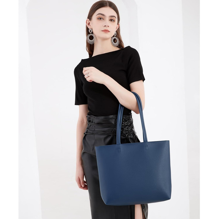 Жіноча сумка-шопер Tote Bag з PU шкіри для роботи, школи, покупок, темно-синя з блискавкою та внутрішніми кишенями