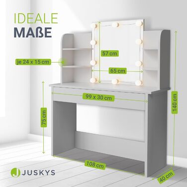 Косметичний стіл Juskys Bella з LED підсвічуванням, дзеркалом, шухлядою та 4 полицями, 108x40x140 см, білий, дерев'яний туалетний столик