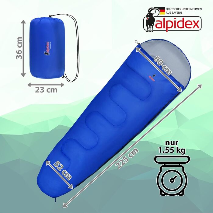 Спальний мішок Alpidex Mumienschlafsack 4 Seasons -17°C, 225x80 см, 400 GSM, ультралегкий, для кемпінгу та трекінгу (синій)