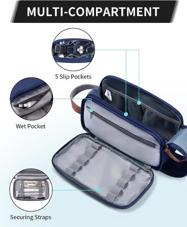 Чоловіча дорожня косметичка ECOHUB, водонепроникна, з відділенням для мокрого одягу, ремінь, з перероблених матеріалів, з двома застібками-блискавками (Синьо-зелений, Темно-синій)