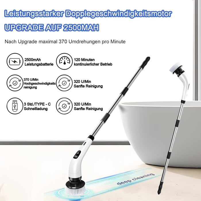 Електрична ротаційна щітка для прибирання: 8 насадок, регульована ручка, USB-C зарядка. Підходить для підлоги, плитки, ванної, кухні та душу
