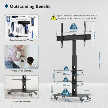 Стійка для телевізора BONTEC мобільна 30-70 дюймів, до 40 кг, VESA 600x400, з полицями з загартованого скла