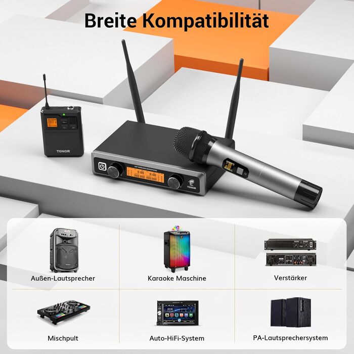 TONOR Бездротовий мікрофонний комплект з 4 каналами UHF: ручний, нагрудний, гарнітурний, лавел'єрний. Дальність дії 90м. Підходить для співу, караоке. 2 ручні мікрофони та 2 кишенькові передавачі