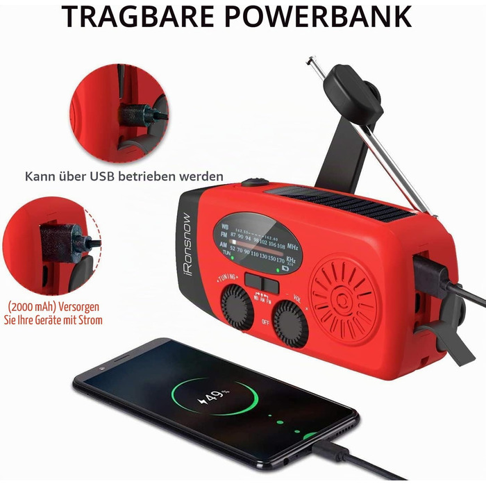 Сонячна радіостанція iRonsnow з ручним заводом, LED-ліхтарик, 2000mAh AM/FM, USB-зарядка для походу, кемпінгу, екстрених ситуацій