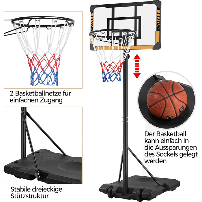Yaheetech Adjustable Height Basketball Stand with Wheels - Mobile Basketball Hoop, Water or Sand Fillable, Indoor/Outdoor Basketball System - 226.5cm - 256.5cm