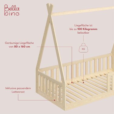 Bellabino Tajo Children's Bed Base 80x160 cm, House Bed made of Solid Pine Wood with Fall Protection/Rail and Slatted Frame in Natural for Children from 3 Years