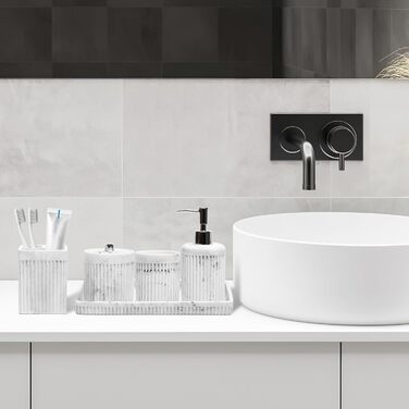 Набір аксесуарів для ванної кімнати XLHOMO з штучного каменю, 5 предметів: диспенсер для лосьйону/мила, тримач для зубних щіток, чашка для ванної кімнати, контейнер для ватних паличок та піднос для туалету, органайзер для дому, світлий (мармур)