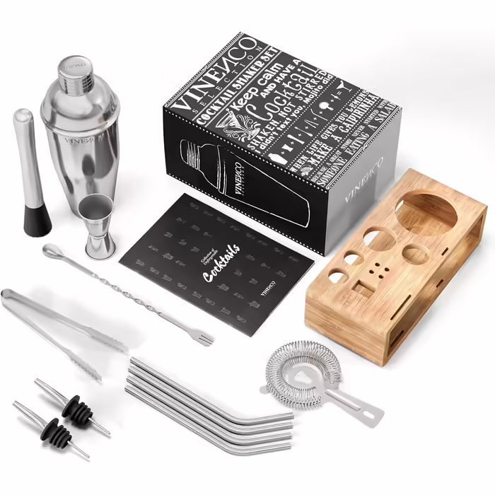 Cocktail Shaker Set with Stand & Recipe Book: Premium Stainless Steel Bar Cocktail Set, Cocktail Shaker, Measuring Jigger, Straws, Bar Spoon, Muddler | Bartender Bar Set Cocktail Accessories Gift for Women Men