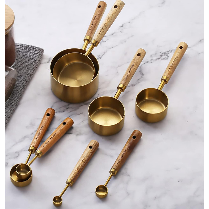 Dadamong 8-Piece Measuring Cup Set with Gold-Colored Stainless Steel Measuring Cups and Spoons, Ideal for Cooking and Baking