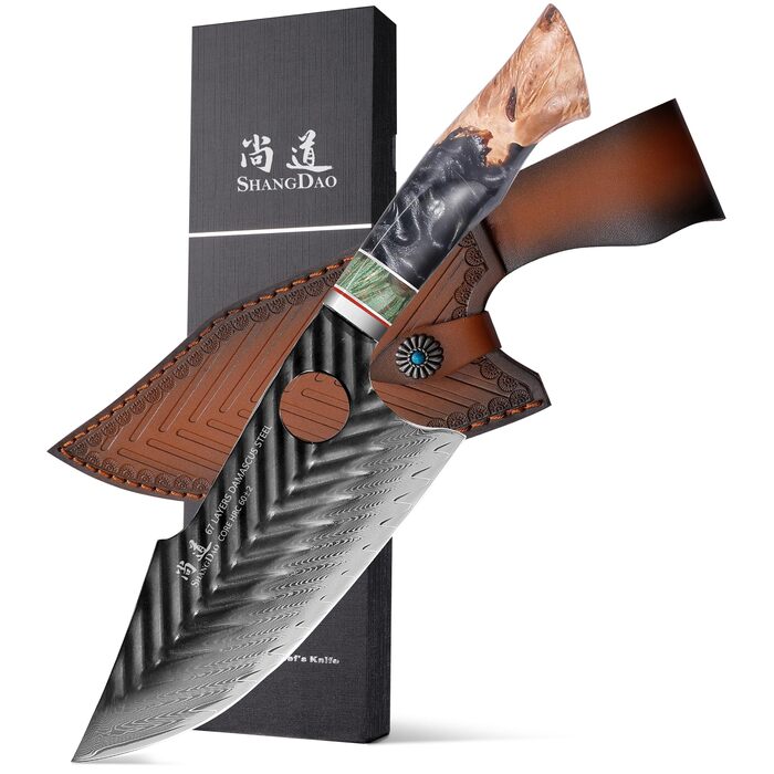 Ніж кухарський Shangdao Damascus 18 см, 67 шарів сталі 10Cr15CoMoV, ручка з дерева та смоли, піхви зі шкіри