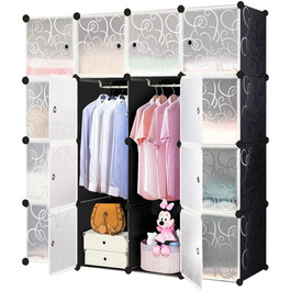 HENGMEI DIY Closet Wardrobe Storage Rack Cubes Organizer System Shoe Rack Closet with Door (Black) (16 Boxes)
