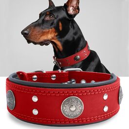 Leather Dog Collar, 5 cm Wide Robust Genuine Leather Collar, Handcrafted, Soft and Luxurious, Eye-Catching Best Choice for Large and Medium Dog Breeds (57-67.5 cm, red)