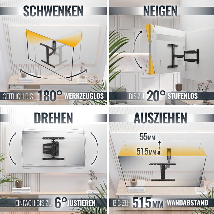 Настінний кріплення для телевізора RICOO S9544: поворотний, нахильний, універсальний, 40-65 дюймів, VESA 400x400, до 45 кг