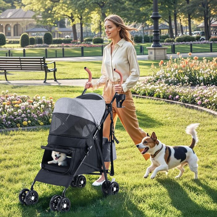 Візок для собак та котів DWVO, 11.3 кг, складний, з подушкою та кошиком для зберігання, 45x80x103 см (сірий/чорний)