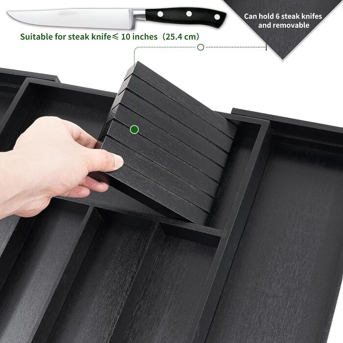 VaeFae Bamboo Cutlery Drawer Organizer Kitchen, Expandable Utensil Organizer with Knife Block, Cutlery Box with Divider, Multifunctional Wooden Drawer Organizer (Black).