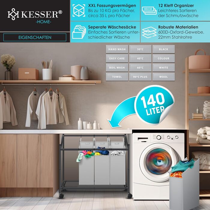 KESSER® Laundry Basket, Laundry Collector, Laundry Sorter with 4 Removable Fabric Bags | 4 Compartments x 35 Liters | Laundry Box with 12 Laundry Instructions, 360° Swivel Wheels with Brake, Laundry Sorting System, Laundry Cart, Grey