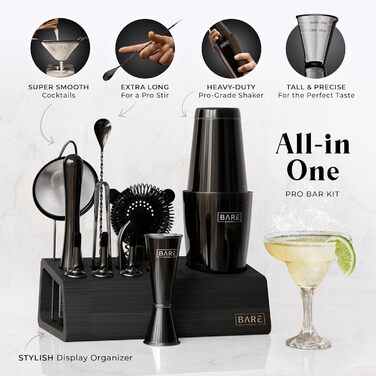 Bare Barrel Pro Cocktail Set - 14 Piece Boston Shaker Set with Stand & Recipe Cards (Jet Black) 0.8L