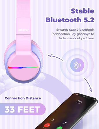 iClever Бездротові навушники для дітей з LED-підсвіткою, Over-Ear, Bluetooth 5.2, мікрофон, рожеві