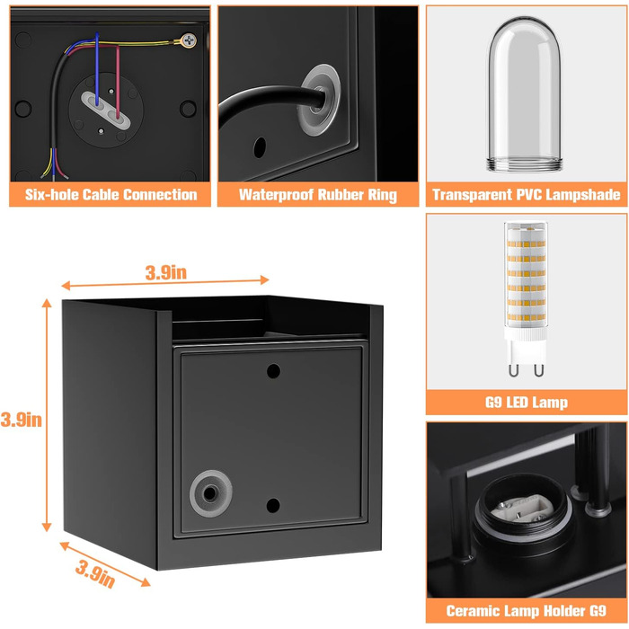 Настінні світильники YrgePowk 2 шт. з LED лампочками G9, IP65, чорні, регульовані, 3000K/6000K