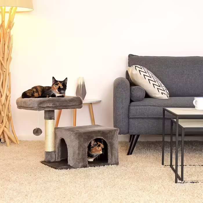 Lionto Scratching Post for Cats with Cozy Lying Area & Cave, Height 50 cm, Cat Tree with Plush Ball incl. Bell, Sisal Rope & Soft Plush, Suitable for Small & Large Cats, (Dark Grey)
