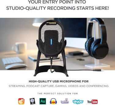 Мікрофон конденсаторний Marantz Professional MPM-1000U з великою мембраною, USB, з нирковою характеристикою для подкастів, студії, геймінгу, з кабелем USB та кліпсою для мікрофона