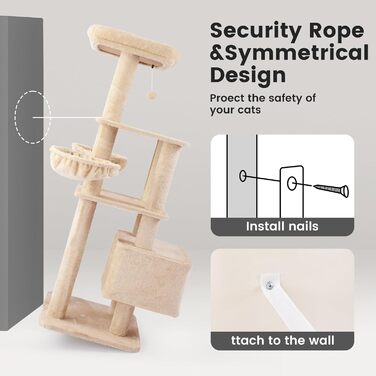 Кліматизатор для котів Гарднер Пет Катценбаум, великий, 165 см. Кліматизатор, ігровий комплекс з подвійними кошиками, стійками для дряпання, платформою та печерею. Компактні меблі для котів у квартиру, бежевий L (59 x 48 x 165 см)