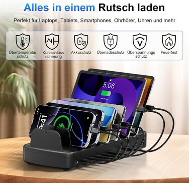 Зарядна станція COTOPS 65W на 10 портів для ноутбука, телефону, iPad, планшета. USB-C PD, з підставкою-органайзером, чорна