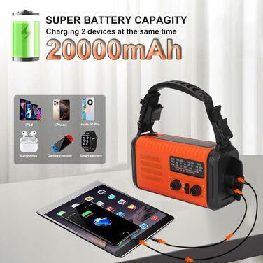 Радіо на сонячних батареях та ручному приводі 20000mAh з зарядкою для телефону, ліхтариком та сигналом SOS (Помаранчевий)