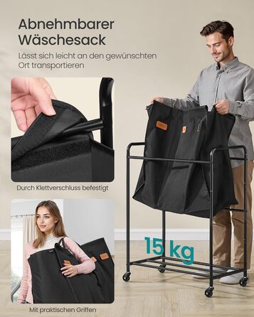 SONGMICS Laundry Basket with Wheels, 3-Compartment Laundry Sorter, 170 L Laundry Sorter, Mobile Laundry Cart, 5 Labels, for Laundry Room, Bedroom, Bathroom, Ink Black RLS330B01