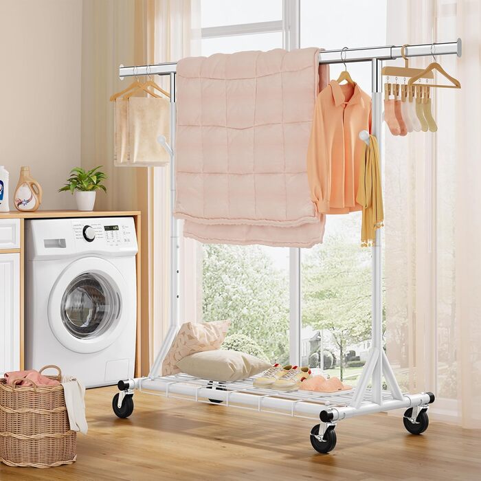 Стійка для одягу на колесах FAVOOOSTY, металева, мобільна, до 200 кг, швидка збірка, білий колір, 1 перекладина