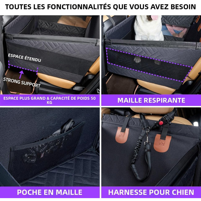 Автокрісло для собак великих порід до 25 кг – безпечний чохол на заднє сидіння, міцний бустер для собак з подовжувачем для заднього сидіння та водовідштовхувальний килимок для собак (Чорний, L)