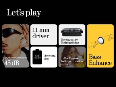 Бездротові навушники Nothing Kopfhörer Bluetooth з ANC, підсвічуванням, ChatGPT та басовим підсиленням, до 42,5 годин роботи (Чорний)