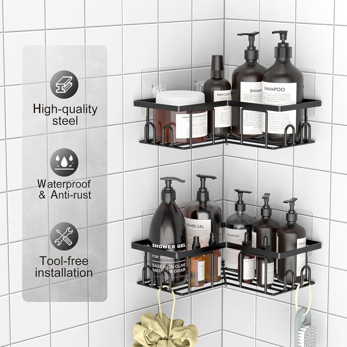 Набір кутових поличок для душу без свердління, водонепроникні, з нержавіючої сталі (3+2 шт, чорний)