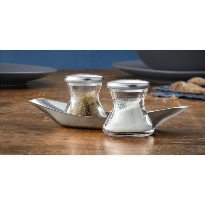 WMF Wagenfeld Shaker Set, 3-piece, Max and Moritz, shaker with plate, salt shaker, pepper shaker, glass, brushed Cromargan stainless steel, dishwasher safe
