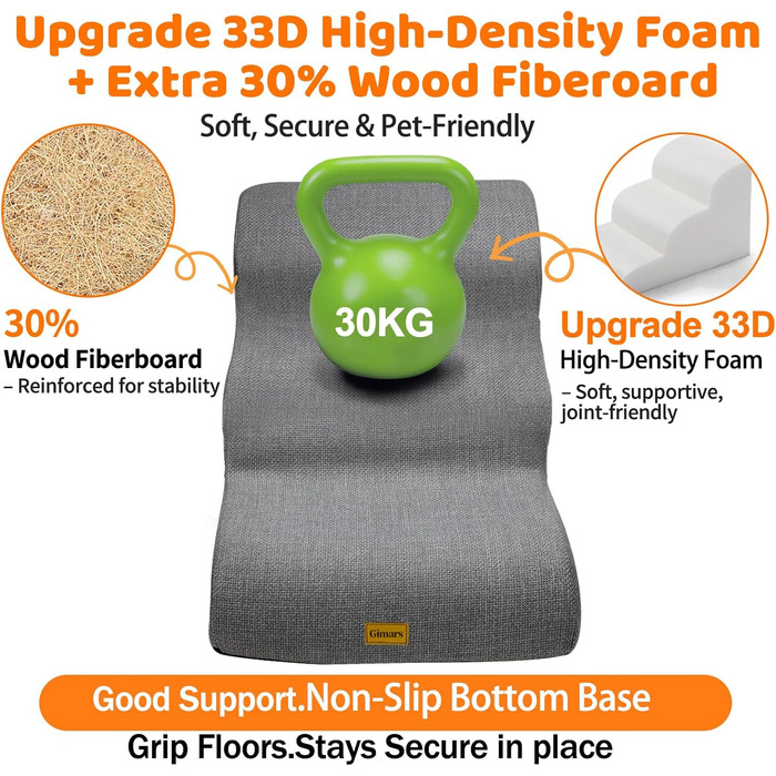 Сходинка для собак Gimars 30D з широкою сходинкою, 3 ступені, 40 см, знімний чохол та антиковзаюче покриття. Підходить для малих собак до дивану, ліжка, авто.