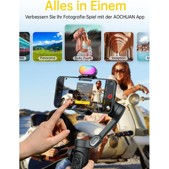 Гімбал AOCHUAN для смартфона з 3 осями стабілізації, RGB-підсвічуванням, трекінгом обличчя та регульованим кільцем фокусування. Підходить для iPhone/Android. Ідеальний для зйомки Vlog та створення контенту.