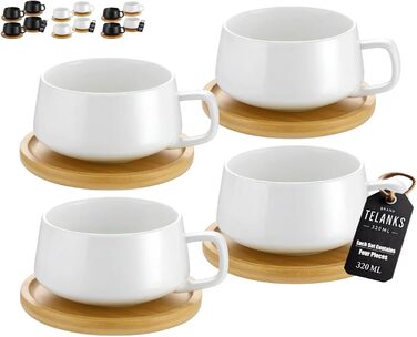 Набір з 4 чашок капучино з блюдцями, 320 мл, кераміка, для капучино, лате, американо та чаю, білий