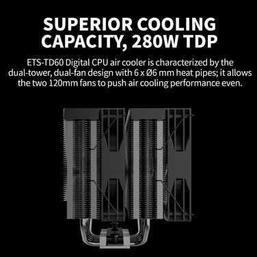 Система охолодження CPU ENERMAX ETS-T60D з 2 вентиляторами 120mm PWM, гідравлічним підшипником та 4 тепловими трубами (6mm), підтримка TDP 200W+, AM5/AM4/LGA1851/1700/115x