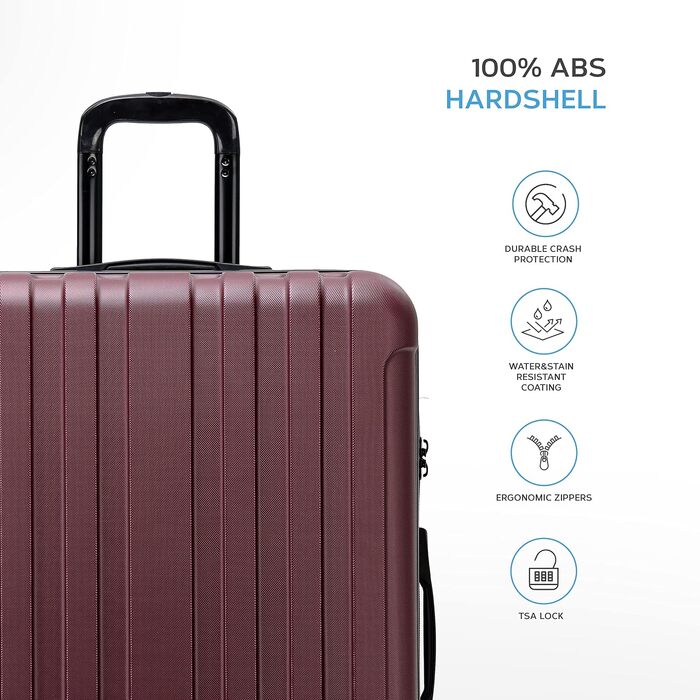 Набір валіз Flight Knight Premium з ABS-пластику, TSA-замком та USB-портом, 8 коліс (S 55см, M 67см, L 76.5см), бордовий